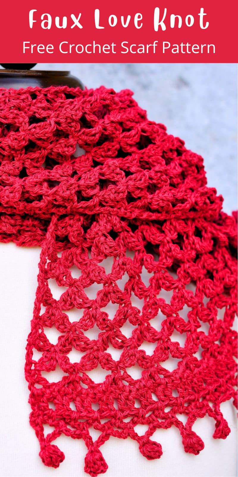 pinterest pin for faux love knot scarf by Kim Guzman for Make It Crochet