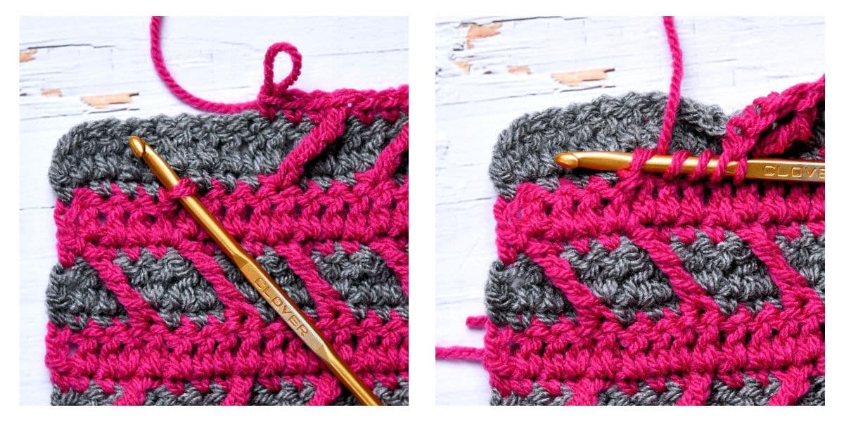 closeup of demonstration for placement of double treble crochet