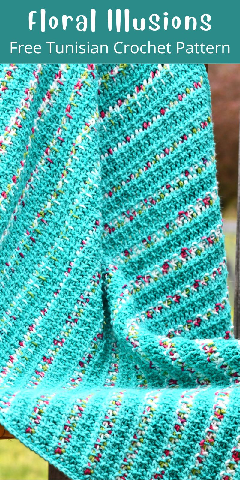 pinterest cover for Floral Illusions Tunisian crochet baby blanket