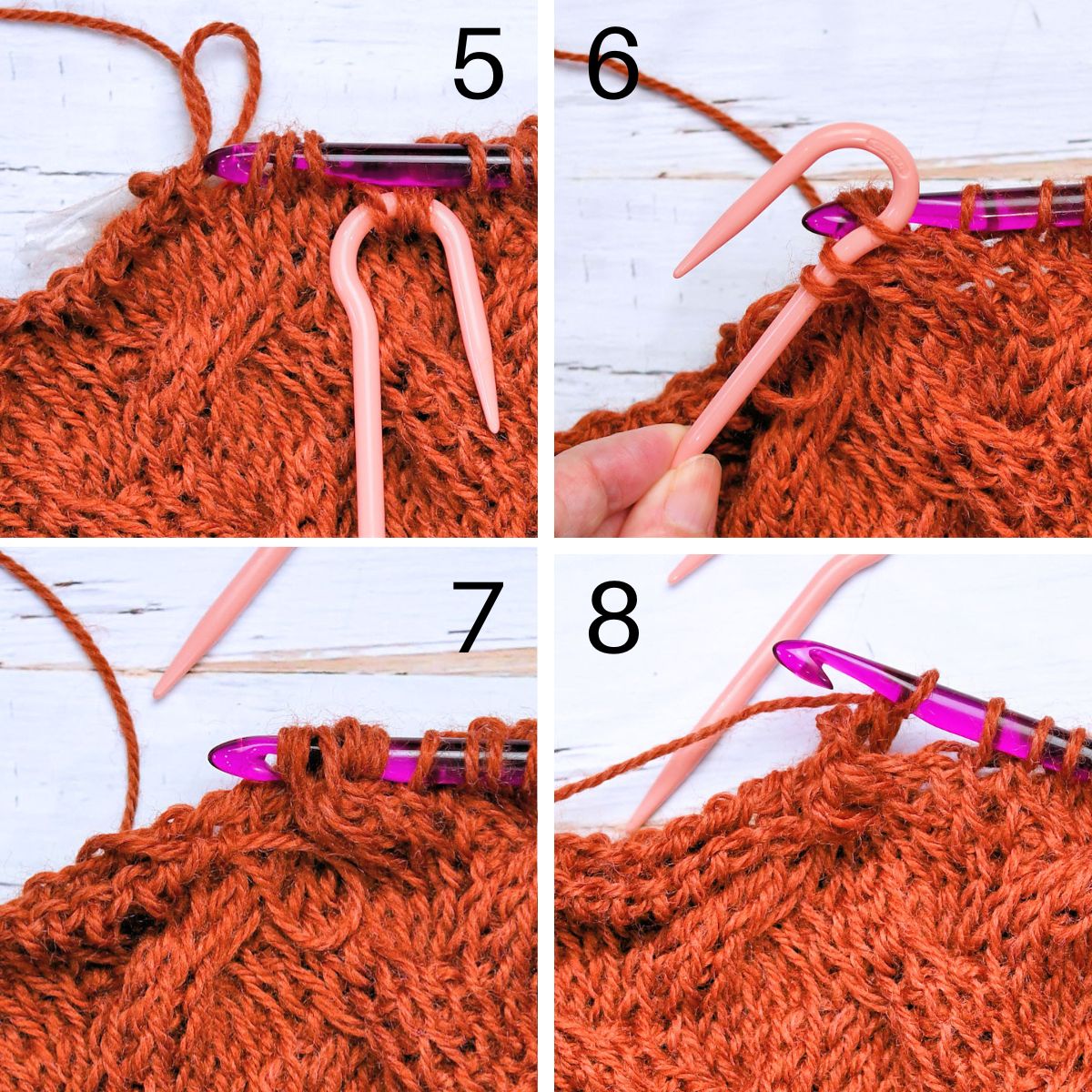 5-8 step collage for Left Leaning Tunisian crochet cable