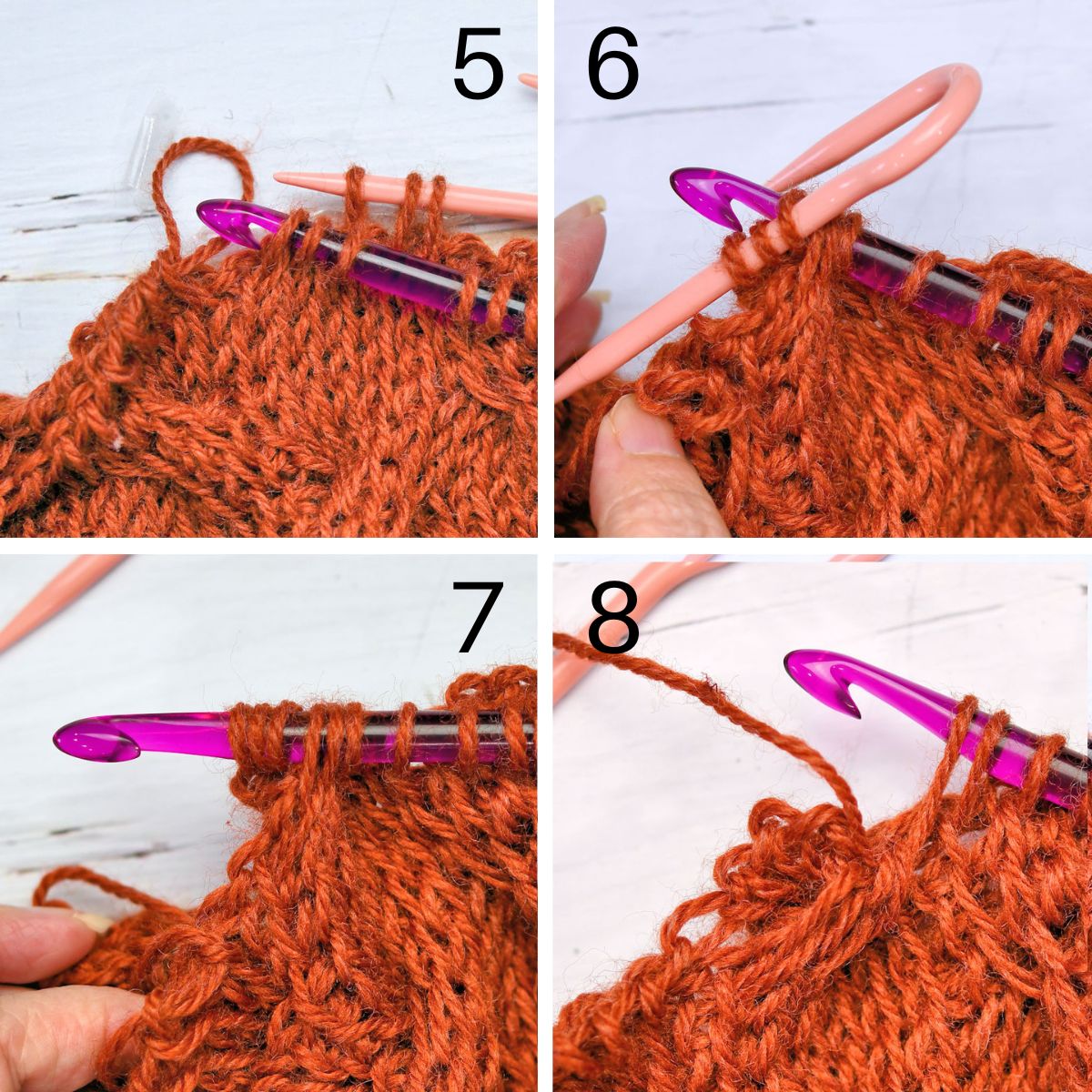 5-8 step collage for Right Leaning Tunisian crochet cable