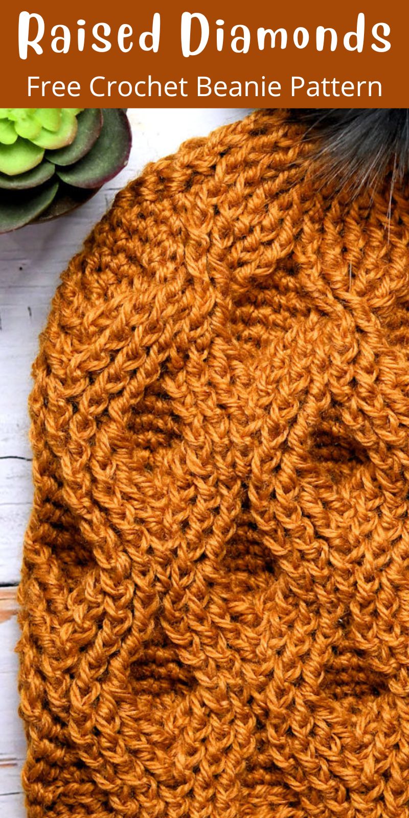 pinterest cover image for Raised Diamonds Beanie crochet pattern