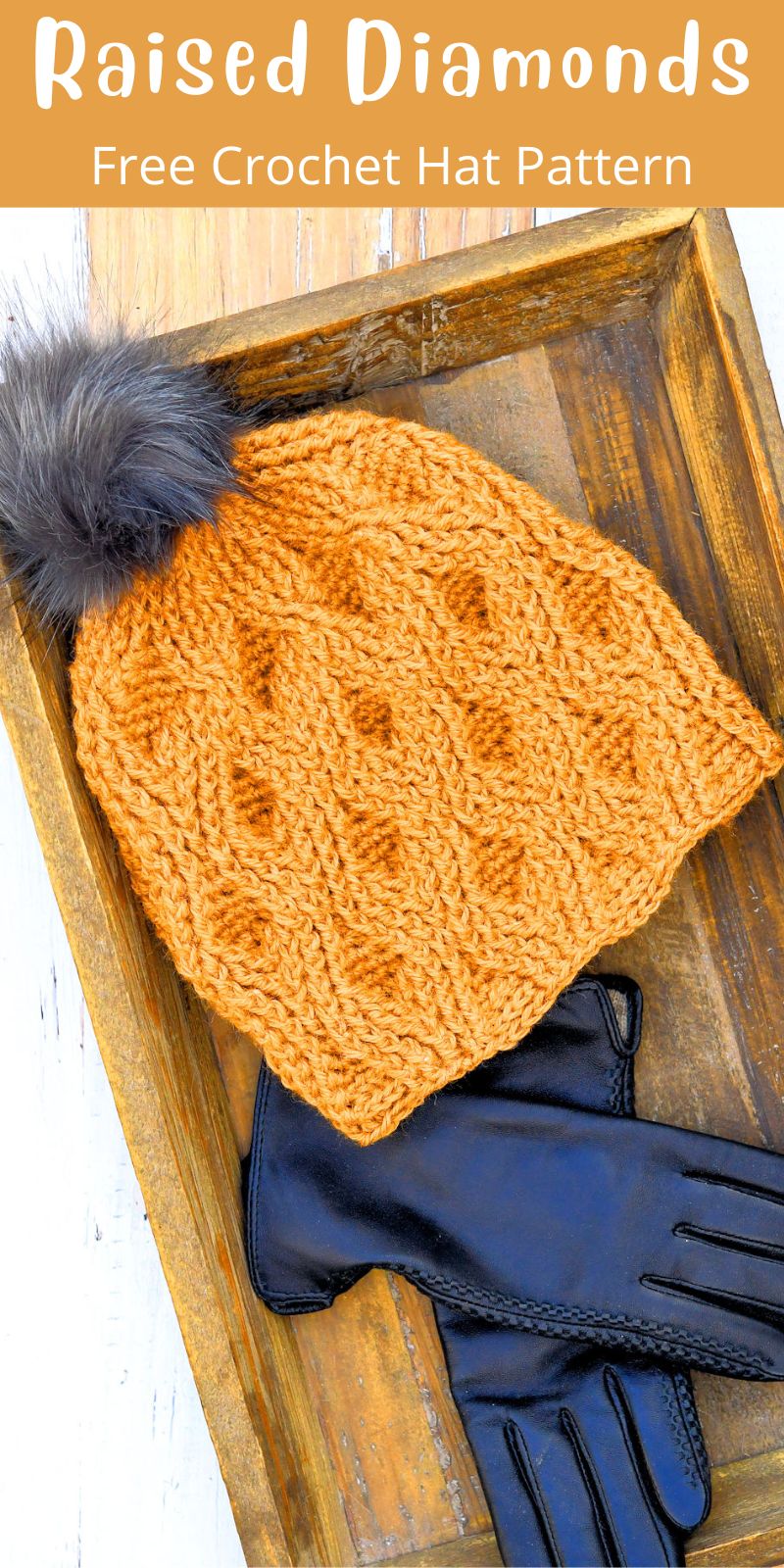pinterest cover image for Raised Diamonds Beanie crochet pattern