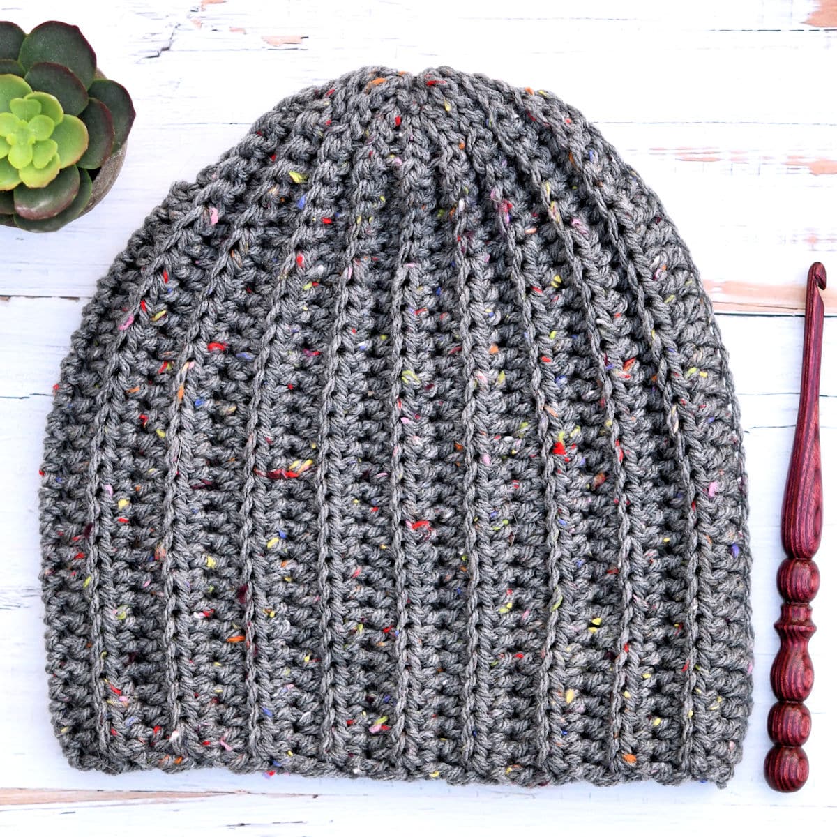 closeup of skater beanie in Impeccable Tweed yarn