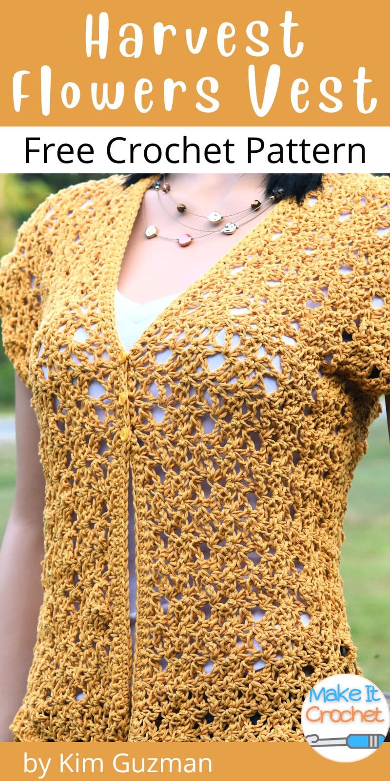 pinterest cover for Harvest Flowers Vest Topper Free Crochet Pattern