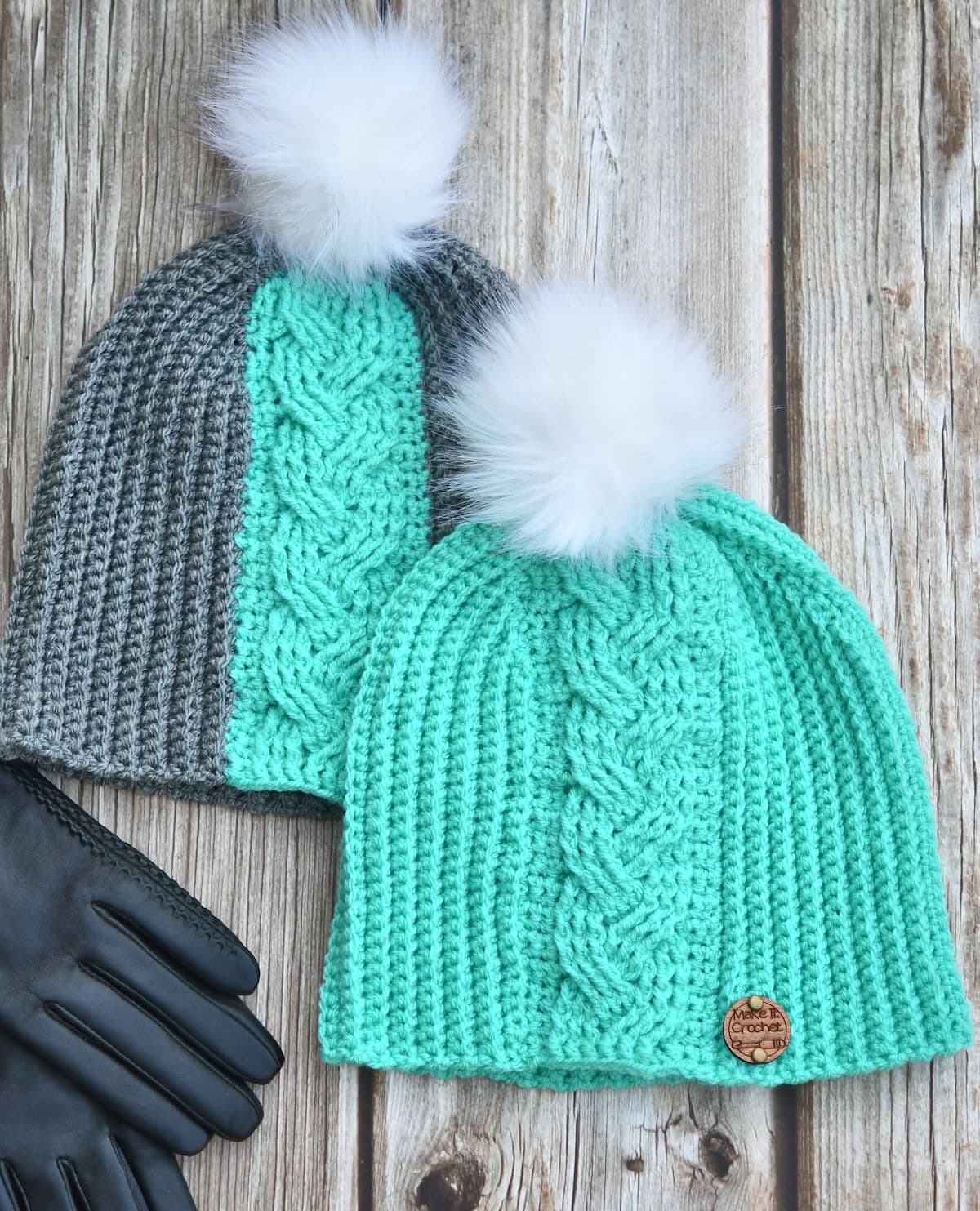 Braided Cable Beanie shown in both solid color and two colors by Kim Guzman