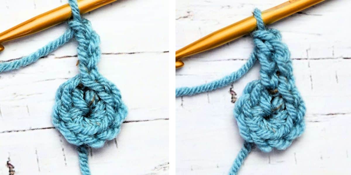 closeup of beginning chain up versus the stacked single crochet