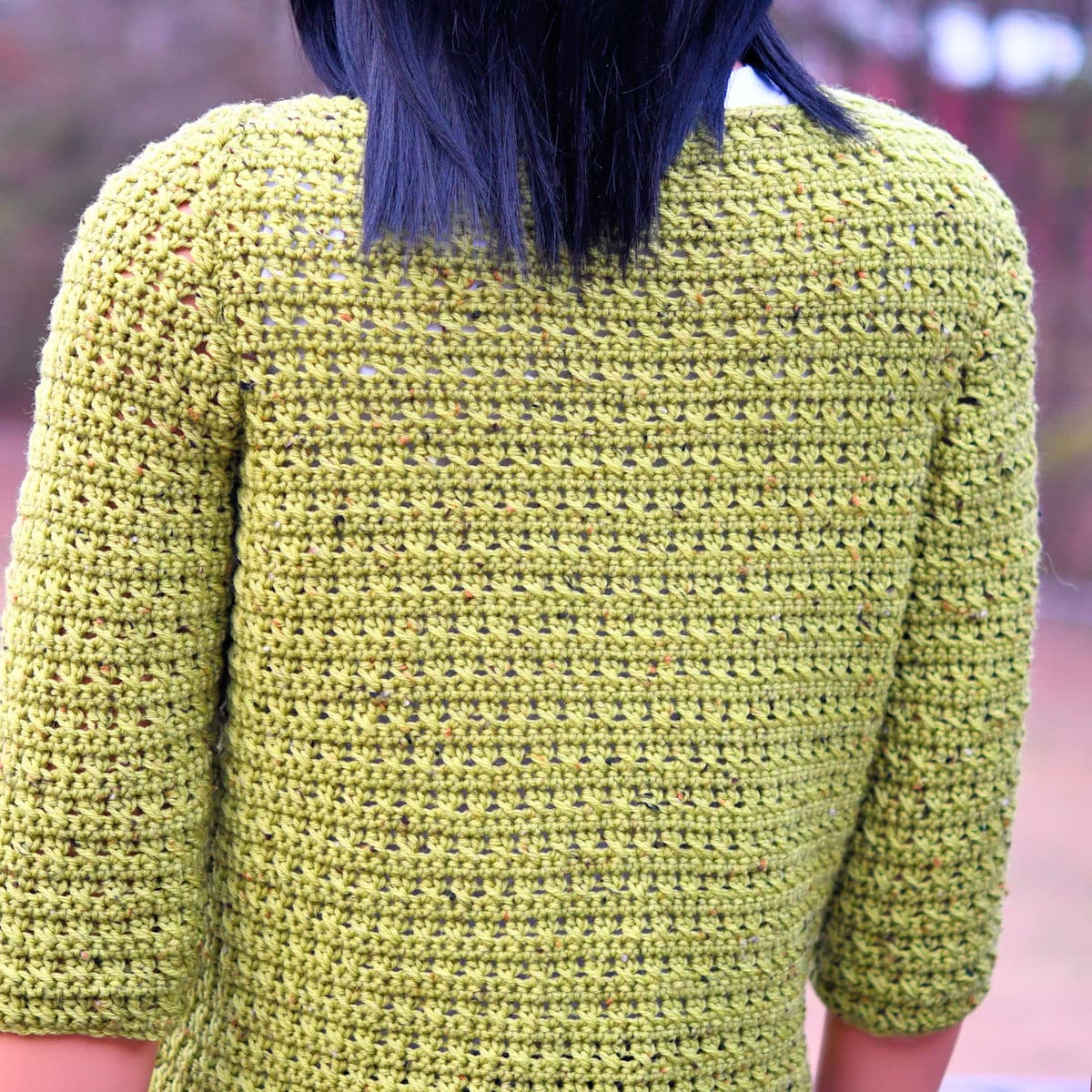 back side of women's crochet cardigan from Kim Guzman