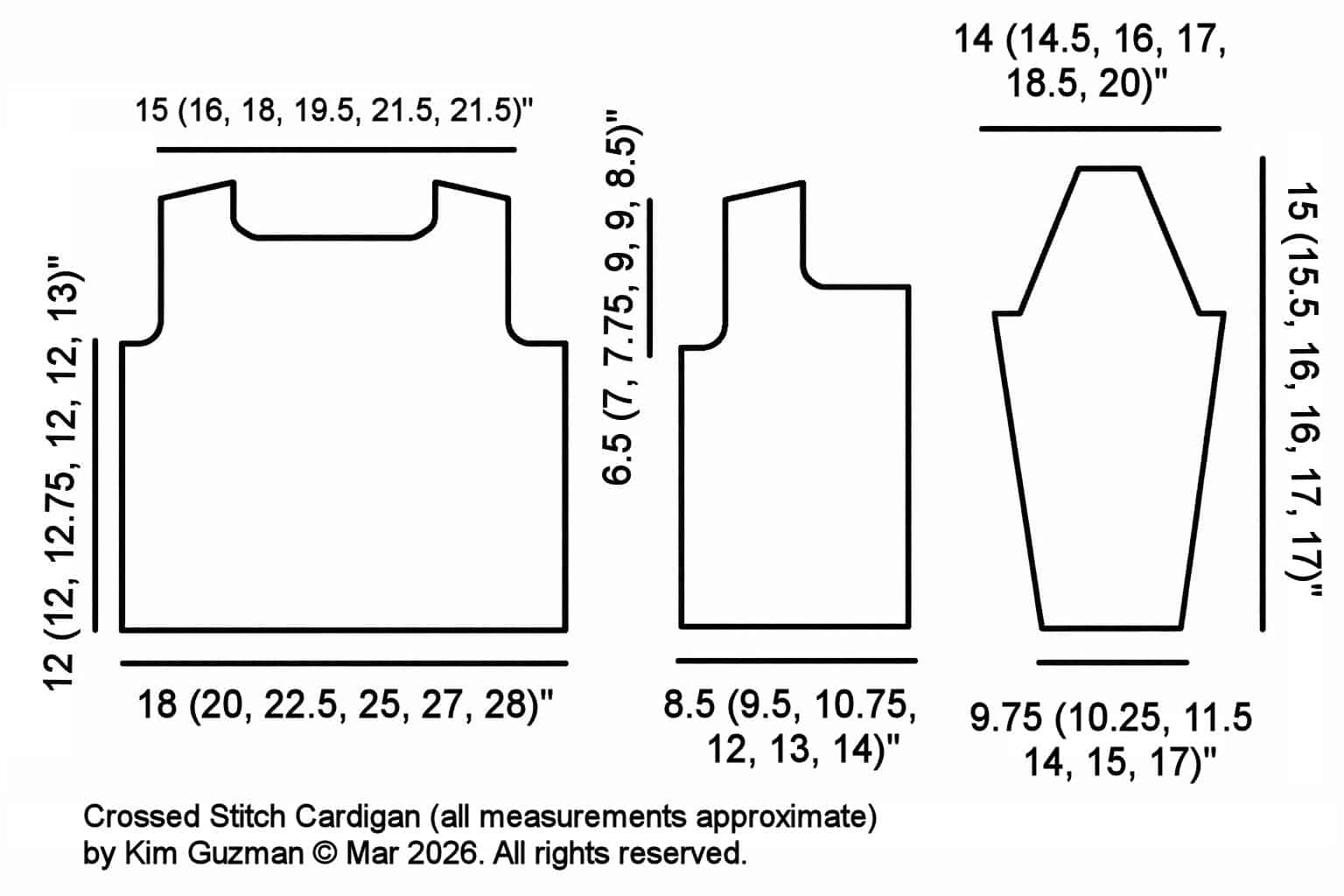 schematic measurements for crossed stitch women's cardigan