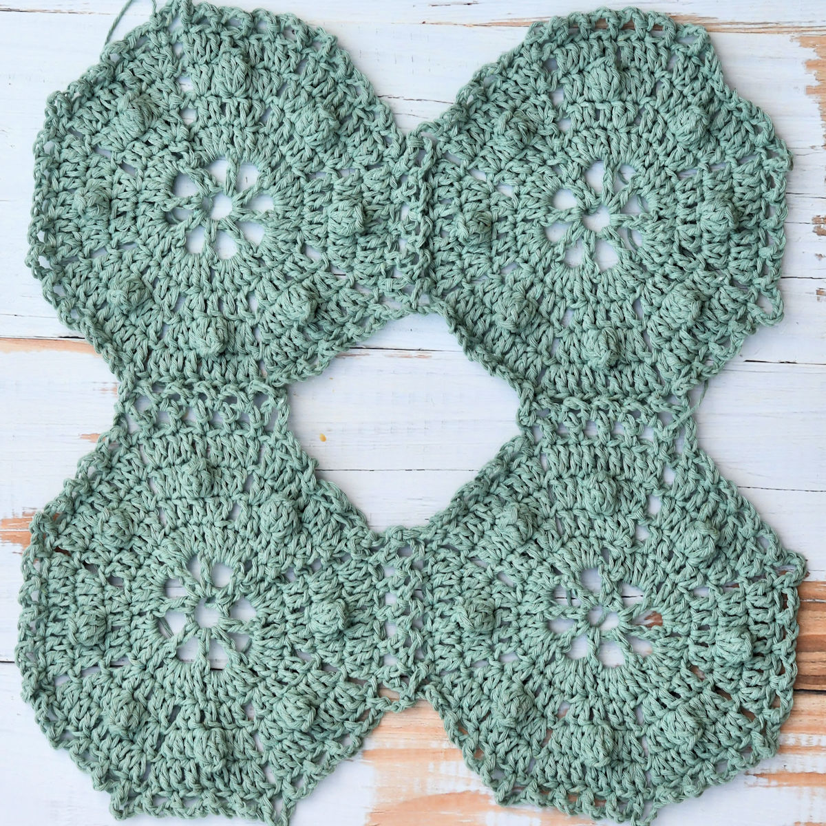 four crochet octagons joined together as a start of a blanket, reading for the square in the center