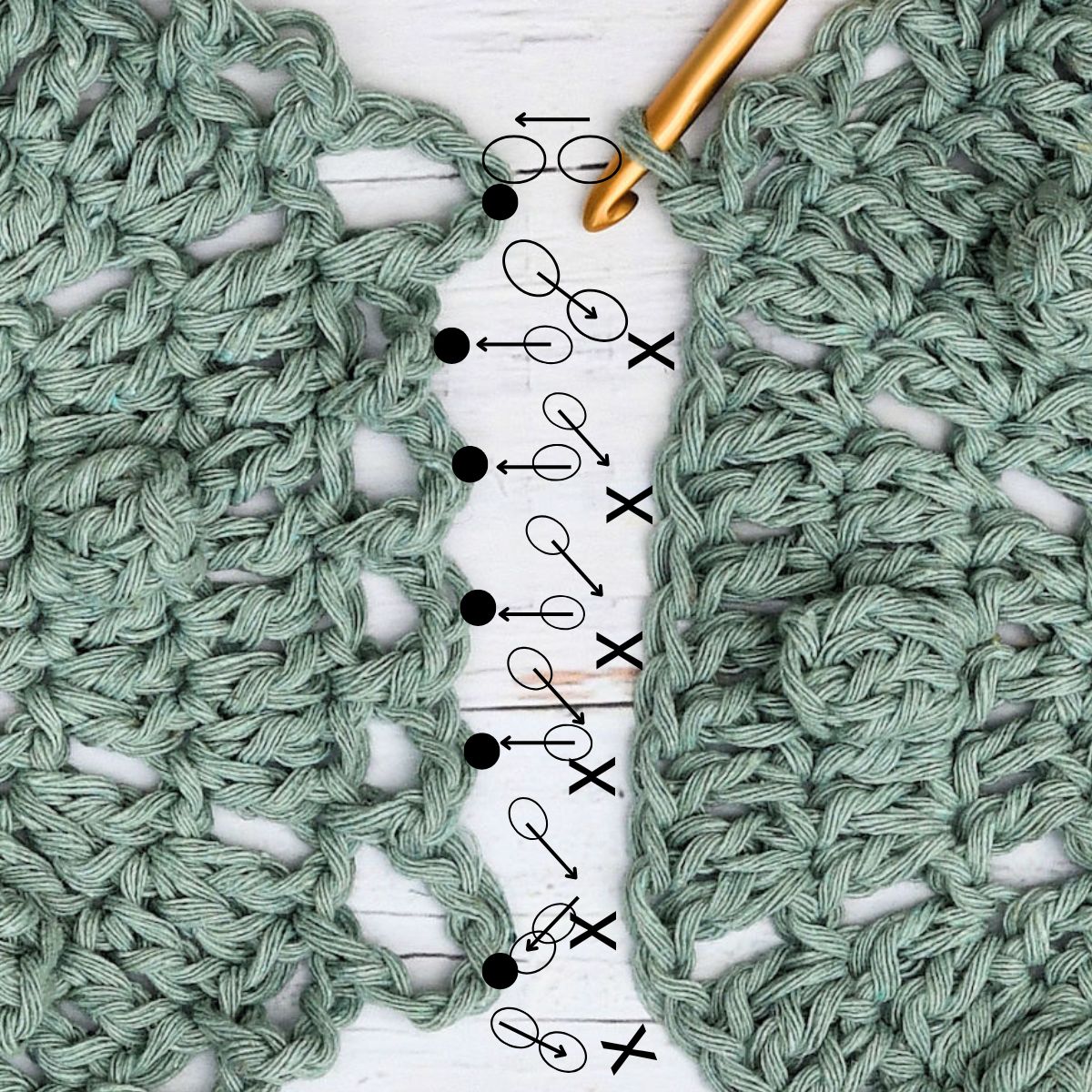 tutorial photo of join as you go joining positions of crochet motifs