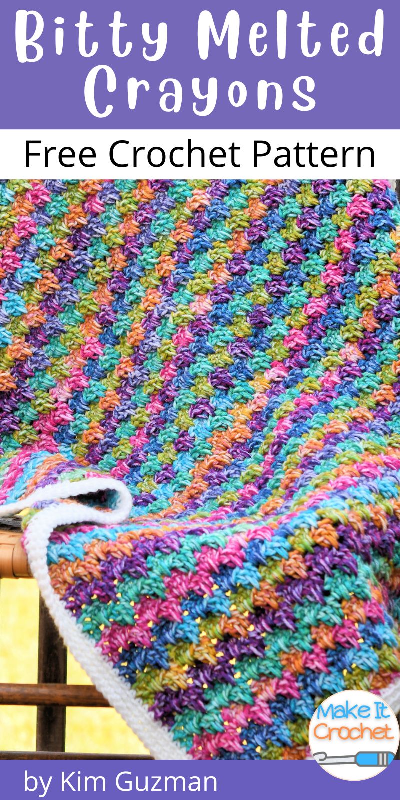 Colorful striped crochet baby blanket with white border.