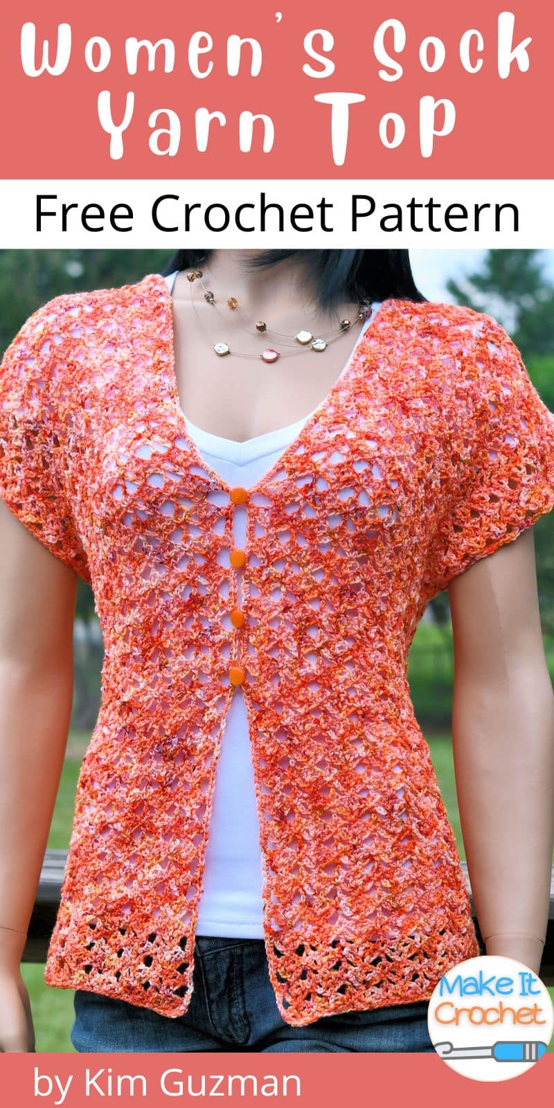 Front view of womens lightweight crochet top with lace stitch pattern.