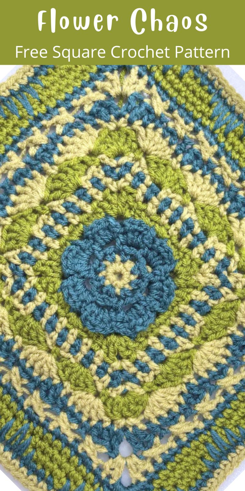 pinterest pin cover for Chaos Flower Square free crochet pattern